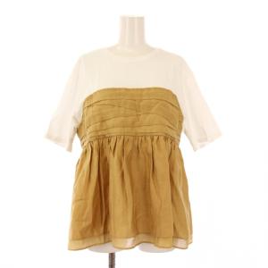 25SS オーガンジービスチェコンビカットソー 半袖 クルーネック ストレッチ 切替 38 茶 ブラウン