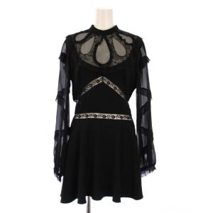 フレアワンピース ミニ丈 長袖 シアー シースルー レース 切替 ストレッチ 40 黒 ブラック /BB