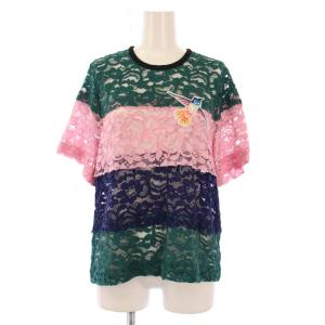 シャツ ブラウス プルオーバー 半袖 クルーネック ストレッチ レース 刺繍 40 マルチカラー /BB
