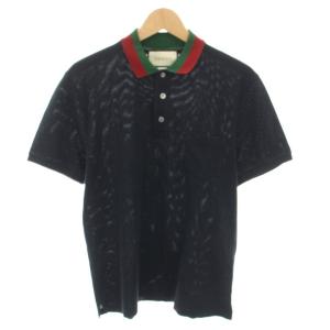 コットンポロストレッチコットンピケ ポロシャツ 半袖 鹿の子 シェリーライン GG柄ボタン XL 紺 ネイビー