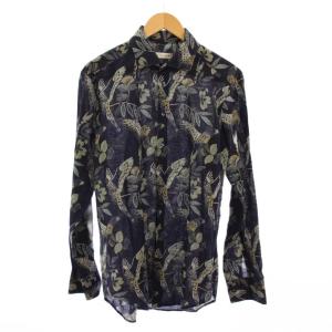カジュアルシャツ 長袖 レギュラーカラー 総柄 麻 リネン混 紺 ネイビー /BB