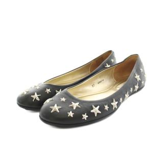 スタースタッズパンプス フラットシューズ レザー 37 黒 ブラック シルバーカラー /YT