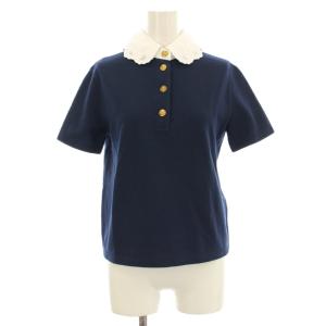 25SS ポロシャツ レース襟 刺繍 金ボタン S ネイビー ホワイト