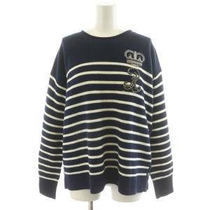 ニット セーター 長袖 ボーダー柄 サイドボタン 王冠 クラウン ビジュー ロゴ ウール S 紺 ネイビー