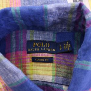 POLO RALPH LAUREN CLASSIC FIT カジュアルシャツ 長袖 ホリゾンタル チェック柄 ロゴ 刺繍 麻 リネン S マルチカラー