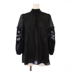 シャツ ブラウス プルオーバー 長袖 スタンドカラー リボン レース 刺繍 麻 リネン混 38 黒 ブラック