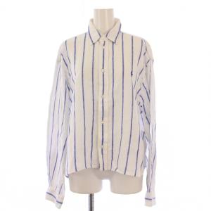 シャツ ブラウス 長袖 レギュラーカラー ロゴ 刺繍 ストライプ柄 麻 リネン バイカラー S 青 ブルー