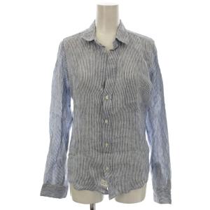 BARRY リネン オープンカラー シャツ ストライプ ブラウス 長袖 麻 XS 青 ブルー /G