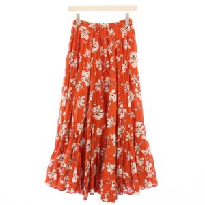 月影のスカート フレア イージー マキシ ロング ウエストゴム 花柄 36 オレンジ /BB