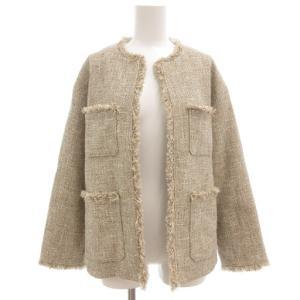 美品 ノーカラージャケット 38 ツイード フリンジ ベージュ /AE