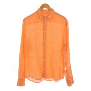 シャツ ブラウス 長袖 レギュラーカラー 無地 ワンカラー 麻 リネン S オレンジ /BB
