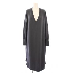 ワンピース ミモレ ロング 長袖 Vネック ニット 切替 ウール S グレー /BB