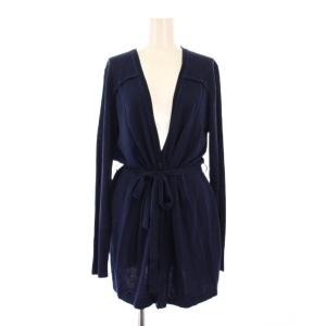 ニットカーディガン 長袖 Vネック プリーツ シルク ウール混 ベルト S 紺 ネイビー /BB