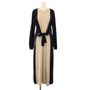 フレアワンピース マキシ ロング ニット 長袖 クルーネック バイカラー ベージュ 紺 ネイビー /BB