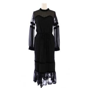 フレアワンピース マキシ ロング 長袖 スタンドカラー レース シアー シースルー 切替 ベルト F 黒
