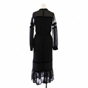 Ameri VINTAGE フレアワンピース マキシ ロング 長袖 スタンドカラー レース シアー シースルー 切替 ベルト F 黒