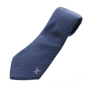 ダミエ ネクタイ レギュラータイ LV エンブレム 刺繍 シルク 紺 ネイビー 黒 ブラック /KU OH