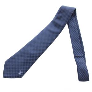 LOUIS VUITTON ダミエ ネクタイ レギュラータイ LV エンブレム 刺繍 シルク 紺 ネイビー 黒 ブラック /KU OH