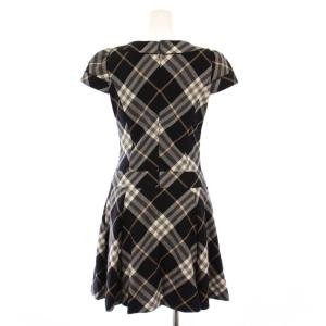 BURBERRY BLUE LABEL フレアワンピース ひざ丈 半袖 Uネック ウール ベルト チェック柄 38 黒 ブラック グレー /BB