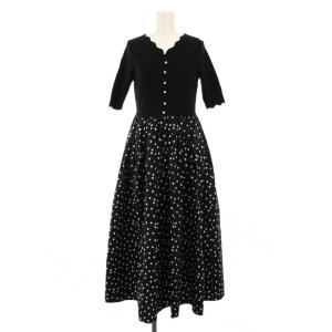 スカラVネックドッキングワンピース フレア ミモレ ロング 五分袖 ストレッチ 切替 ドット柄 2 黒