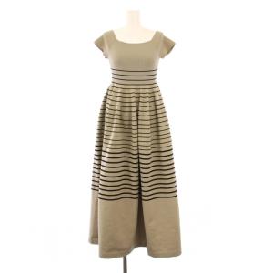 ボーダーオフショルホールニットワンピース フレア マキシ ロング 半袖 スクエアネック ストレッチ バイカラー