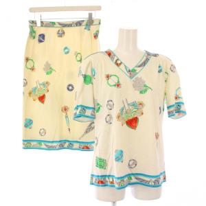 FASHION セットアップ カットソー 半袖 Vネック タイトスカート ひざ丈 ストレッチ 総柄 L