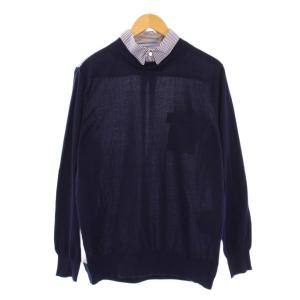 カジュアルシャツ 長袖 レギュラーカラー ニット 切替 ストライプ柄 2 紺 ネイビー /BB