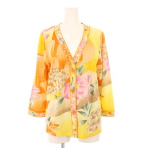 FASHION カーディガン 長袖 Vネック 麻 リネン 花柄 L 黄色 イエロー /BB