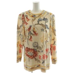 FASHION カットソー 長袖 花柄 ウール シルク混 L ベージュ 茶 ブラウン /AN51