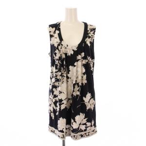 FASHION カットソー チュニック丈 ノースリーブ Uネック ストレッチ 花柄 M 黒 ブラック グレー