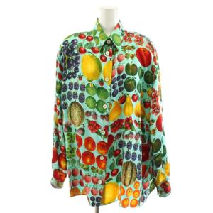 シャツ ブラウス 長袖 フルーツ柄 総柄 シルク 絹 44 マルチカラー 水色 ライトブルー 赤 レッド