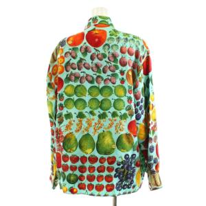 GUCCI シャツ ブラウス 長袖 フルーツ柄 総柄 シルク 絹 44 マルチカラー 水色 ライトブルー 赤 レッド