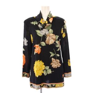 FASHION カットソー 長袖 タートルネック ストレッチ ウール シルク混 花柄 M 黒 ブラック