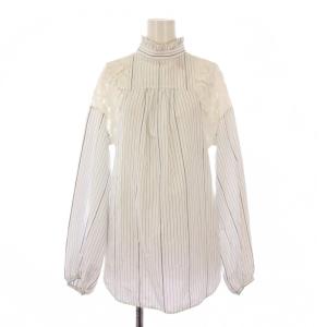 シャツ ブラウス プルオーバー 長袖 スタンドカラー レース 切替 ストライプ柄 ロゴ 36 白 ホワイト