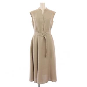 フレアワンピース ミモレ ロング ノースリーブ スキッパー ベルト 34 ベージュ /BB