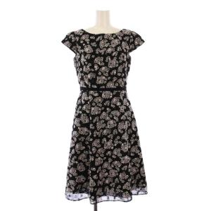 フレアワンピース ミモレ ロング 半袖 クルーネック 花柄 0 黒 ブラック /BB