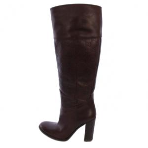 ロングブーツ チャンキーヒール グッチシマ レザー 36.5 茶 /BM