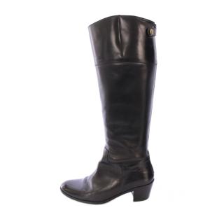 ロングブーツ ラウンドトゥ チャンキーヒール ローヒール レザー ワンカラー 24cm 黒 ブラック /BB