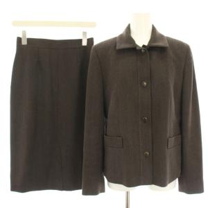 セットアップ 上下 ジャケット タイトスカート ひざ丈 ウール 絹 シルク混 ヘリンボーン 40 茶 ブラウン