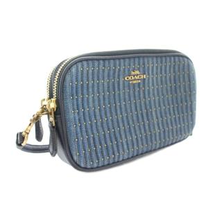 COACH デニムショルダーバッグ ダブルジップ レザー ロゴチャーム 紺 ネイビー 68422 /YT