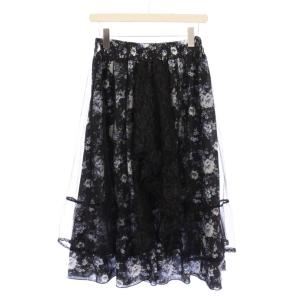 axes femme マルチWAYレース花柄スカート フレア イージー ミモレ ロング ウエストゴム フリル F 黒 ブラック