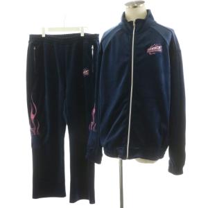 セットアップ 上下 ベロア トラックジャケット ジップアップ イージーパンツ ロゴ 刺繍 XXL 紺 ネイビー