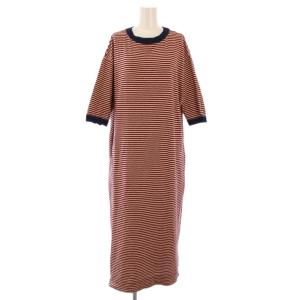 ワンピース マキシ ロング 半袖 クルーネック ストレッチ ボーダー柄 F 赤 レッド 紺 ネイビー ベージュ