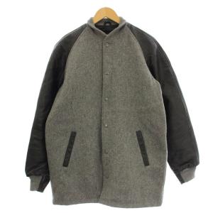 スタジャン ジャケット ロング コート ウール レザー切替 M グレー 黒 /G