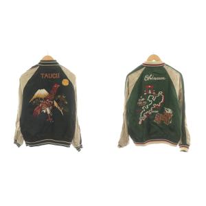 HOUSTON スカジャン 刺繍 リバーシブル 神社 龍柄 虎柄 L 緑 グリーン 黒 ブラック 5974 /AN45