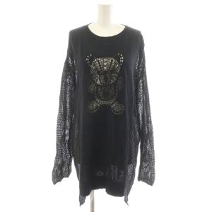 ニット カットソー 長袖 鍵編み 切替 くま柄 メッシュ 黒 ブラック /AN45