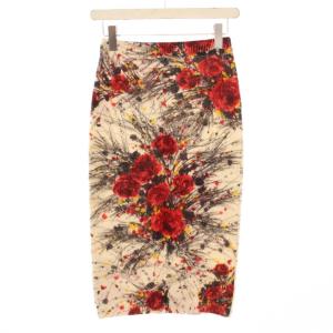 タイトスカート ニット ウール モヘヤ混 バラ柄 38 アイボリー レッド