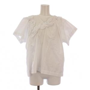 AD2024 シャツ ブラウス プルオーバー 半袖 クルーネック 花モチーフ フリル 装飾 ワンカラー