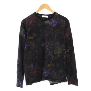 Tシャツ ロンT 長袖 クルーネック ストレッチ 花柄 総柄 M 黒 ブラック /BB