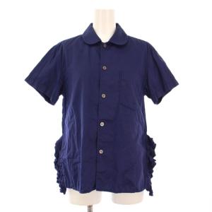 AD2023 シャツ ブラウス 半袖 丸襟 装飾 ワンカラーS 紺 ネイビー /BB